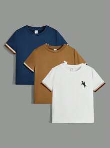 SHEIN Leap Crew 幼童男童馬術印花條紋綾綢t卹,帶織釦口袖頭,多款可選