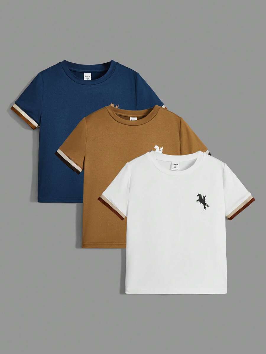 SHEIN Leap Crew 幼童男童馬術印花條紋綾綢t卹,帶織釦口袖頭,多款可選