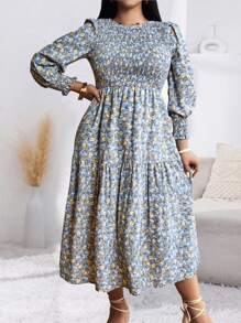 SHEIN LUNE 大尺寸花卉印花燈籠袖拼接抽褶連身裙 - 彩色 - 查看 6