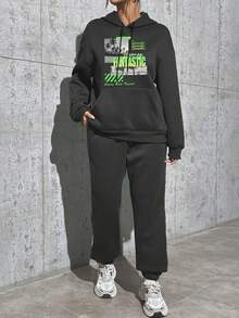 SHEIN EZwear Women'S Scenery Printed Hoodie And Sweatpants Set - Dark Grey - View 4