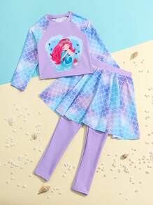 Young Girl Fish Scale Pattern Printed Long Sleeve Bikini Set - Pink - View 1