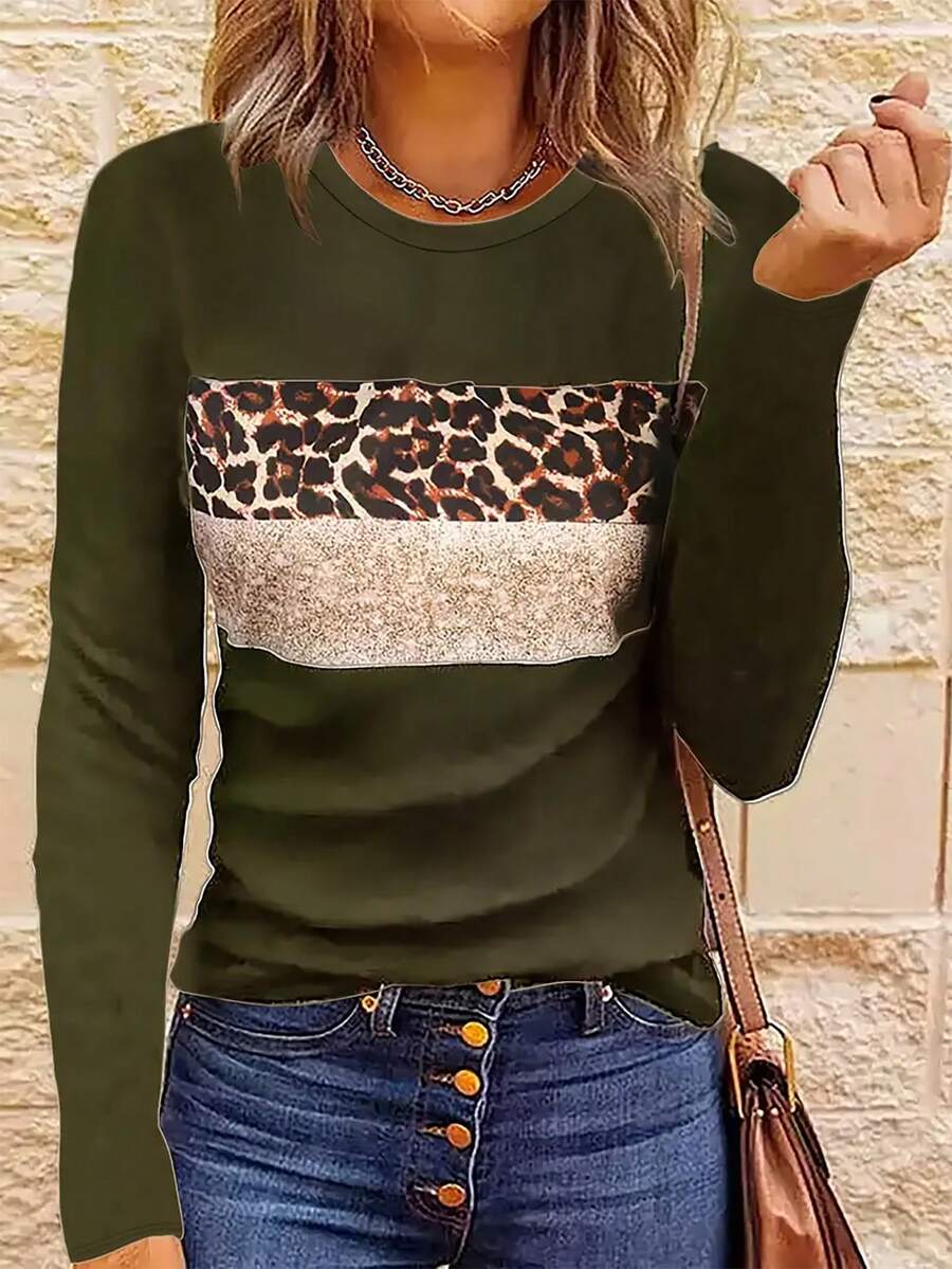 SHEIN EZwear Leopard Printed Long Sleeve T-Shirt - Army Green - View 1