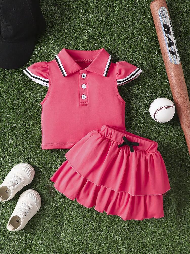 2pcs Baby Girls' Solid Color Cap Sleeve Top With Buttoned Collar & Woven Trim And Double-Layered Pleated Skirt, Black & White