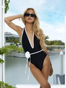 SHEIN X Lily May Mac 女士彩塊領綁頸單品游泳衣,可拆卸腰帶設計