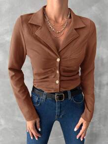 SHEIN Cottnline Lapel Neck Ruched Button Front Shirt - Camel - View 6