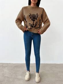 EURMUSE Của phụ nữ Hình hoa Thả vai Áo len - Lạc đà - Xem 5