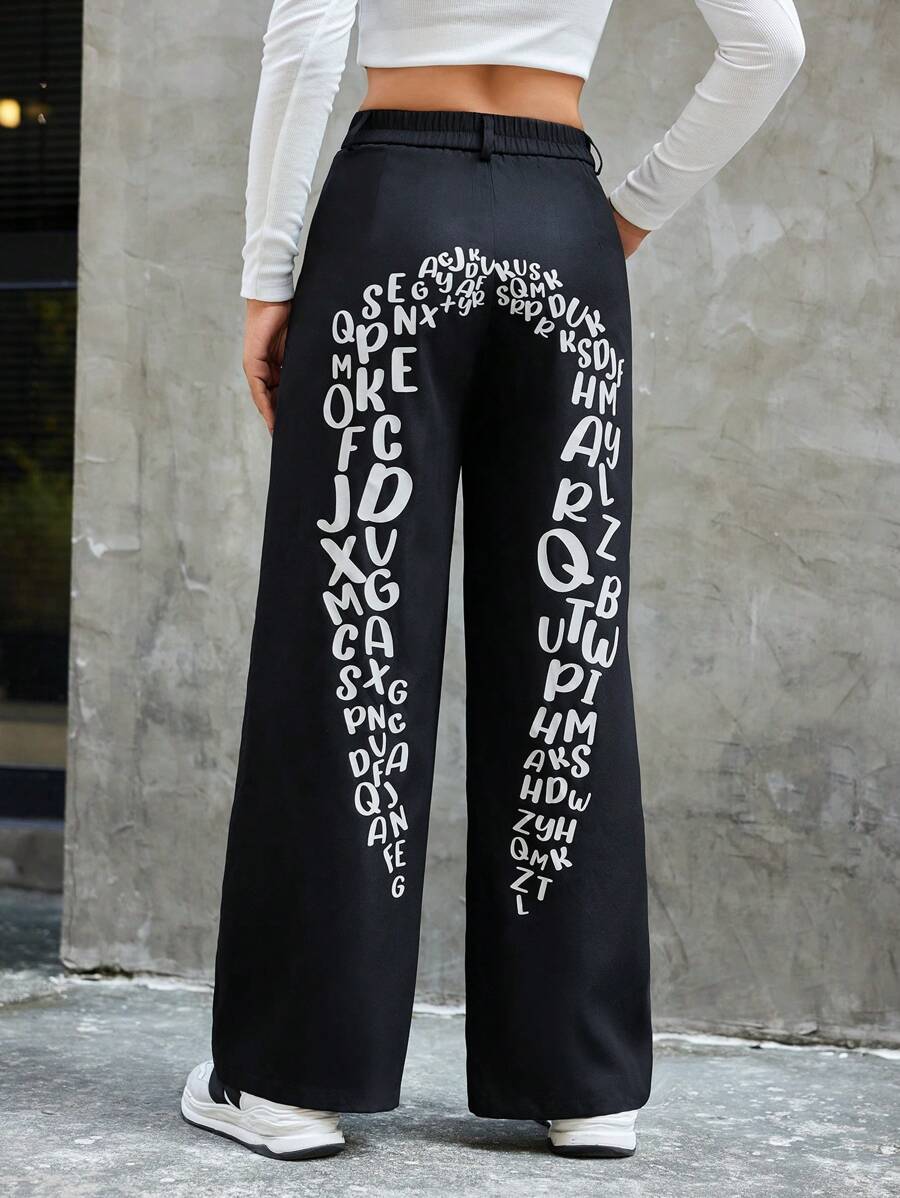 SHEIN EZwear Text Pattern Wide Leg Trousers