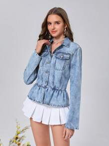 SHEIN MOD Ruffled Hem Washed Denim Jacket - Light Wash - View 4