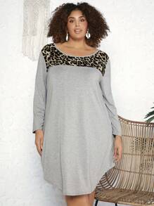 SHEIN CURVE+ Plus Size Leopard Print Patchwork Dress With Asymmetric Hemline - Light Grey - View 1