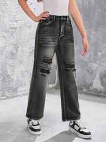 Teenagers' Distressed Straight Leg Jeans - Black - View 3