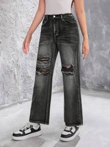 Teenagers' Distressed Straight Leg Jeans - Black - View 4