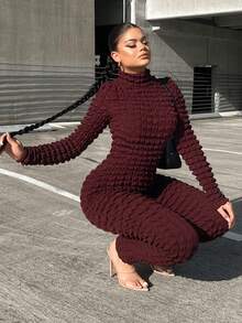 SHEIN SXY 女士紋理織物高領緊身連身褲 - 酒紅色 - 查看 3