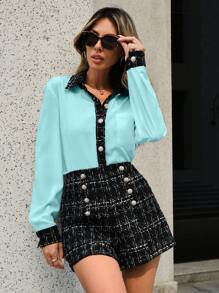 SHEIN Privé Kẻ sọc Vá lại Áo sơ mi Và Kẻ sọc Quần short Hai chiếc Bộ - Màu xanh nhạt - Xem 1