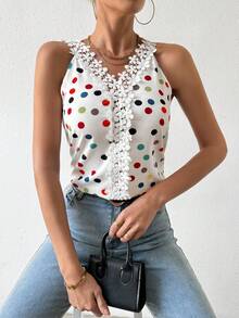 SHEIN Essnce 波點印花蕾絲拼接無袖襯衫 - 白色 - 查看 3