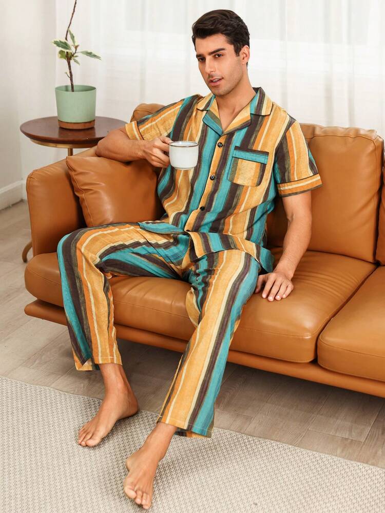 Men'S Striped Colorblock Home Clothing Set