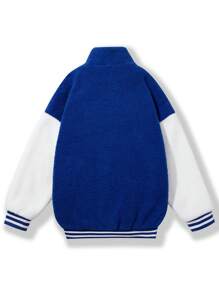 男款顏色拼接絨毛外套,繡有字母 - 藍色 - 查看 2