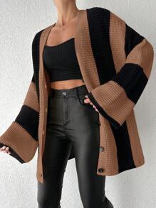 EURMUSE Color-Contrast Stripe Pattern Cardigan Without Belt - Camel - View 3