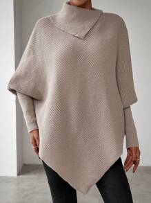 SHEIN Clasi Cổ giả tay cánh Viền không đối xứng Áo len Poncho - Lạc đà - Xem 6