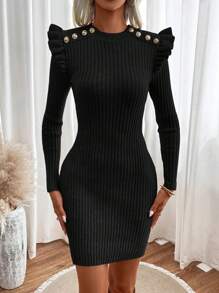 SHEIN Clasi 純色毛衣裙,褶邊和鈕扣細節裝飾 - 黑色 - 查看 5