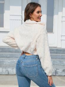 SHEIN Essnce 拉鍊前短款泰迪外套 - 白色 - 查看 2