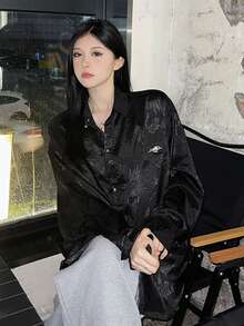 女式龍紋長袖襯衫 - 黑色 - 查看 5