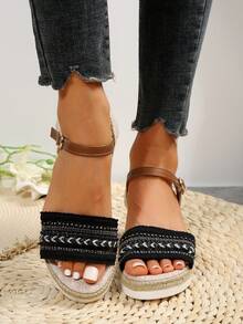 夏季新款波西米亞風格編織草坡跟女式舒適度假涼鞋 - 黑色 - 查看 4