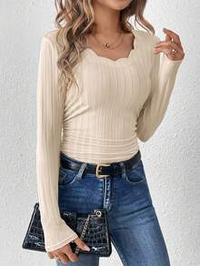 SHEIN Frenchy 女士貝殼邊肋紋條紋t恤 - 杏色 - 查看 5