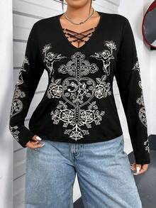 Flirla Của phụ nữ Kích thước lớn Mặt trước Sự tréo nhau Dây đeo Hoa văn chữ thập Tay áo dài Áo thun - màu đen - Xem 6