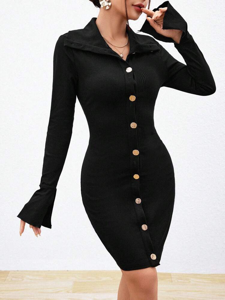 Women's Stylish Black Fitted Dress With Button Detail, Turn-down Collar And Flared Sleeves