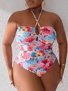 Slaydiva 大尺碼花卉印花露背單肩一件式泳衣 - 彩色 - 查看 1