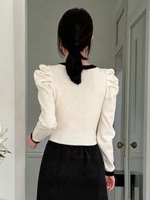 Dazy Designer 女士拼色泡泡袖毛衣、荷叶边、秋装 - 米色 - 查看 2