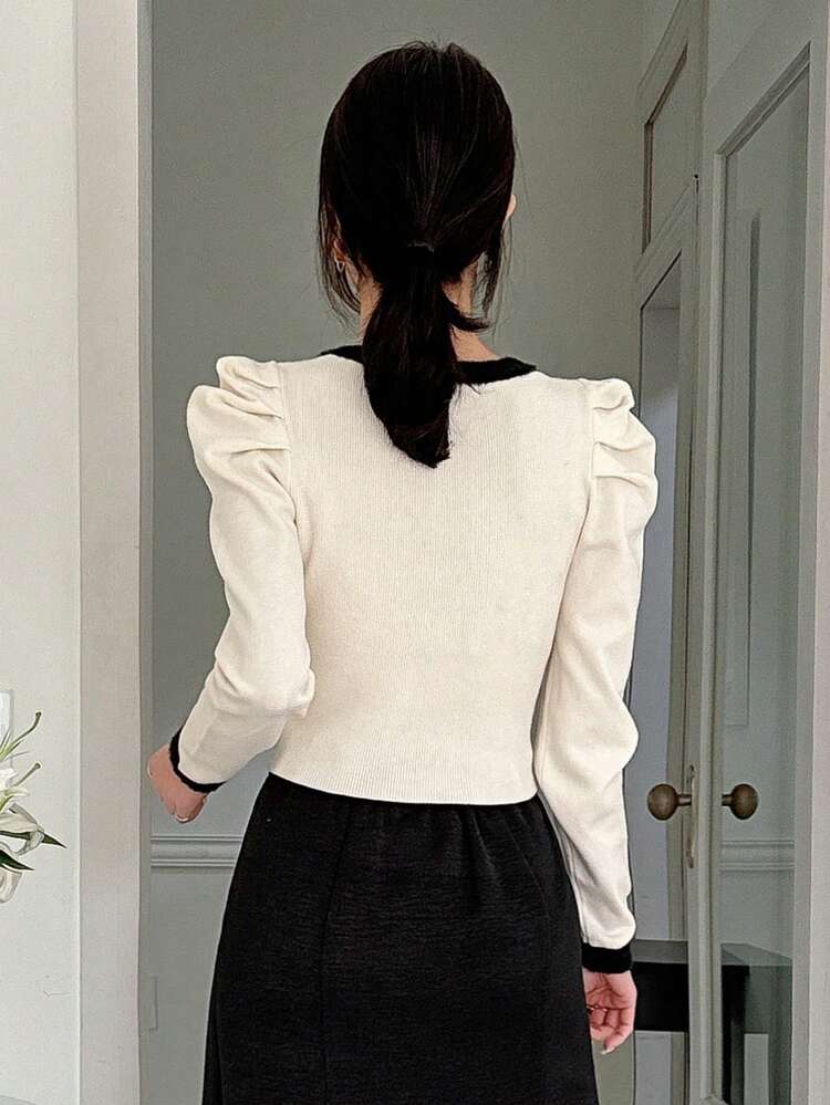 Women'S Color Block Puff Sleeve Sweater,Ruffle,Fall Clothes