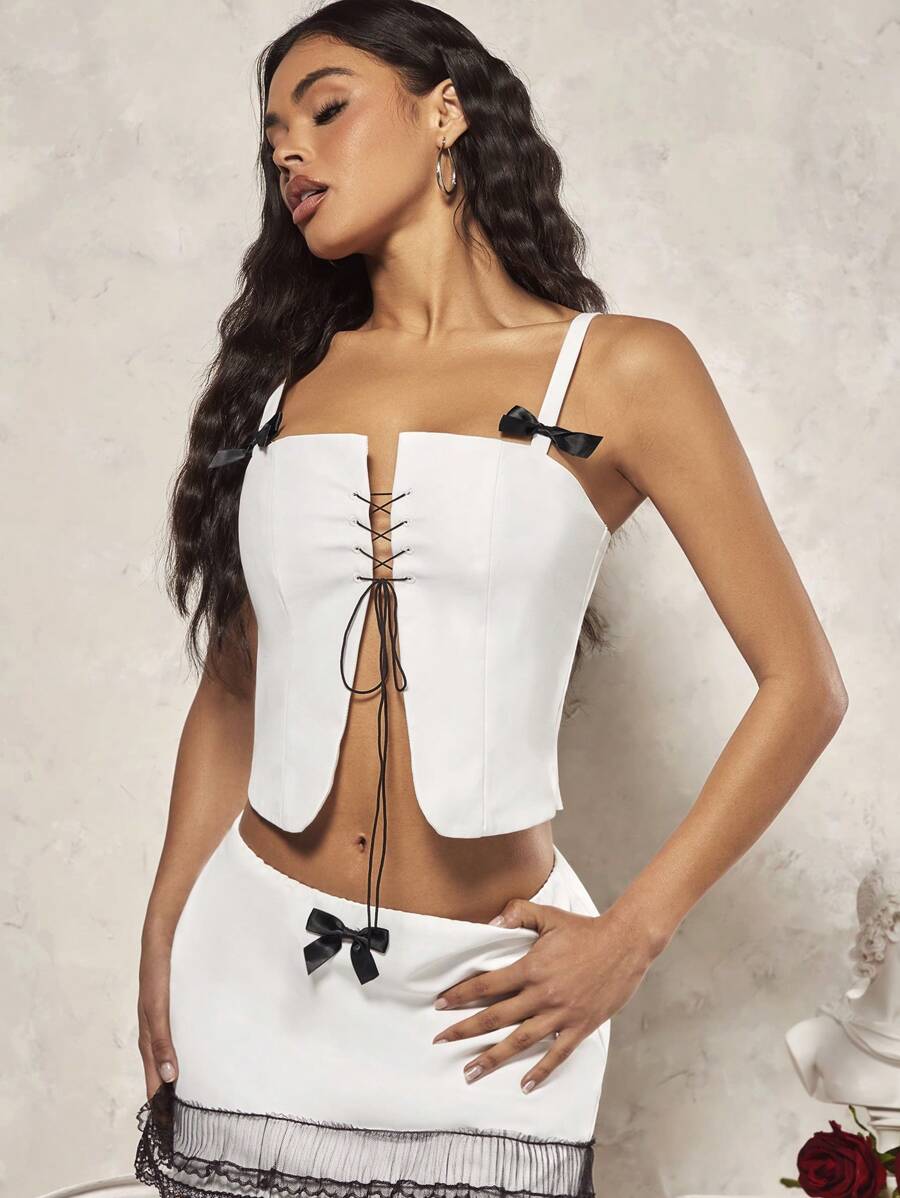 SHEIN BAE 女士甜美浪漫十字肩帶蝴蝶結背心,情人節或約會夜完美搭配