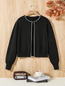 Teen Girl Pearls Beaded Cardigan - Black - View 6