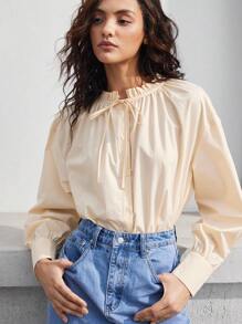 SHEIN BIZwear Của phụ nữ Tay áo lồng đèn Áo sơ mi Với Cà vạt - Màu Khaki - Xem 1