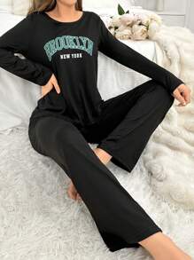 女士字母印花长袖上衣和长裤睡衣套装，秋冬服装 - 黑色 - 查看 5