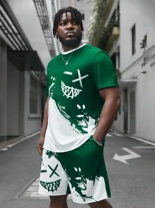 Manfinity VCAY 男士大尺碼笑臉印花短袖 T 恤和短褲套裝