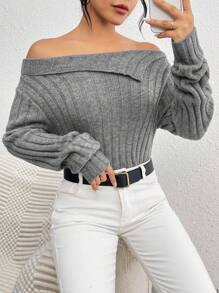 Chiquease Women's Off Shoulder Drop Shoulder Knit Pullover Fall Winter Sweater - Grey - View 1