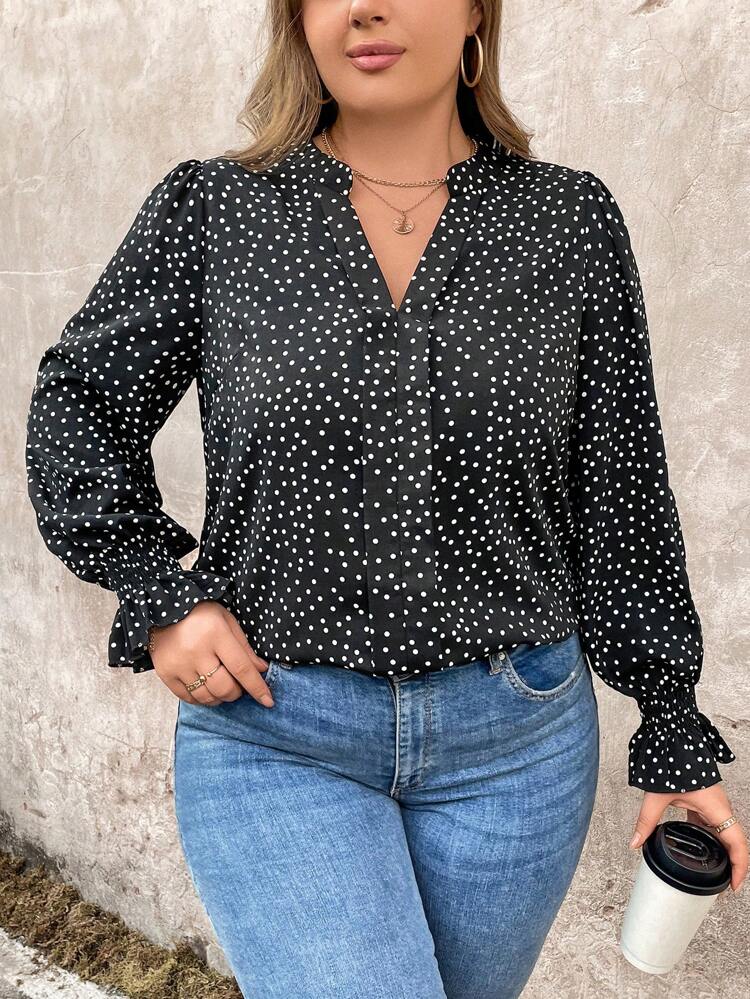 Plus Size Women's Polka Dot V-Neck Long Sleeve Shirt