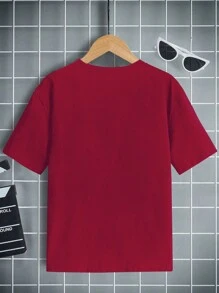 SHEIN Tween 男孩 1 件太空人卡通印花基本款圓領短袖 T 卹 - 酒紅色 - 查看 2