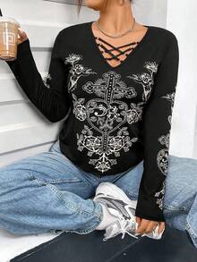 Flirla Của phụ nữ Kích thước lớn Mặt trước Sự tréo nhau Dây đeo Hoa văn chữ thập Tay áo dài Áo thun - màu đen - Xem 7