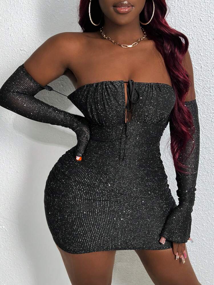 Slayr Sexy Wrap Bustier Mini Dress, Bowknot Shoulder Tie Flare Sleeve Black Sheer Mesh Knit Fabric