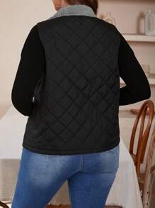 SHEIN LUNE 加大碼teddy內裡拼接夾棉背心外套,帶拉鍊和側袋設計,適合女性 - 深灰色 - 查看 2