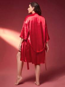 Bata de dormir de hombros caídos con cinturón de satén & Vestido de dormir de tirantes - Burdeos - Ver 2