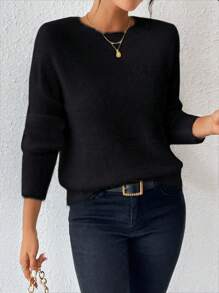 SHEIN Essnce 女式下垂肩圓領長袖毛衣套頭 - 黑色 - 查看 4