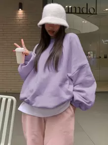 DAZY 秋冬女士宽松圆领纯色保暖内衬运动衫 - 紫色 - 查看 4