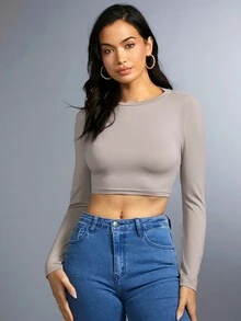 SHEIN BAE 女士無背心短巧貼身t恤 - 灰色 - 查看 5