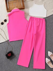 Cô gái Tween Nhọn Vòng cổ Không tay Áo vest , Áo ba lỗ Áo Và Dài Quần Bộ - Màu Hồng Tươi - Xem 2