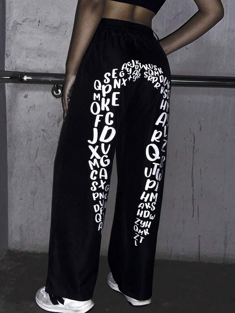 Text Pattern Wide Leg Trousers