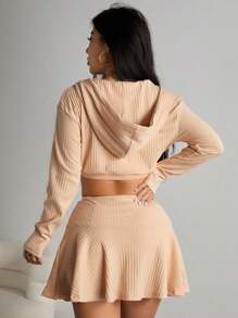 SHEIN EZwear Conjunto De Falda Y Chaqueta Corta De Canalé Para Mujer - Albaricoque - Ver 2